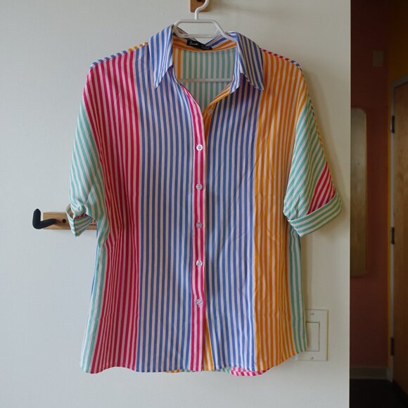 Shein rainbow pink orange blue green stripe batwing top M 6 Medium S SMall SM - Picture 1 of 11